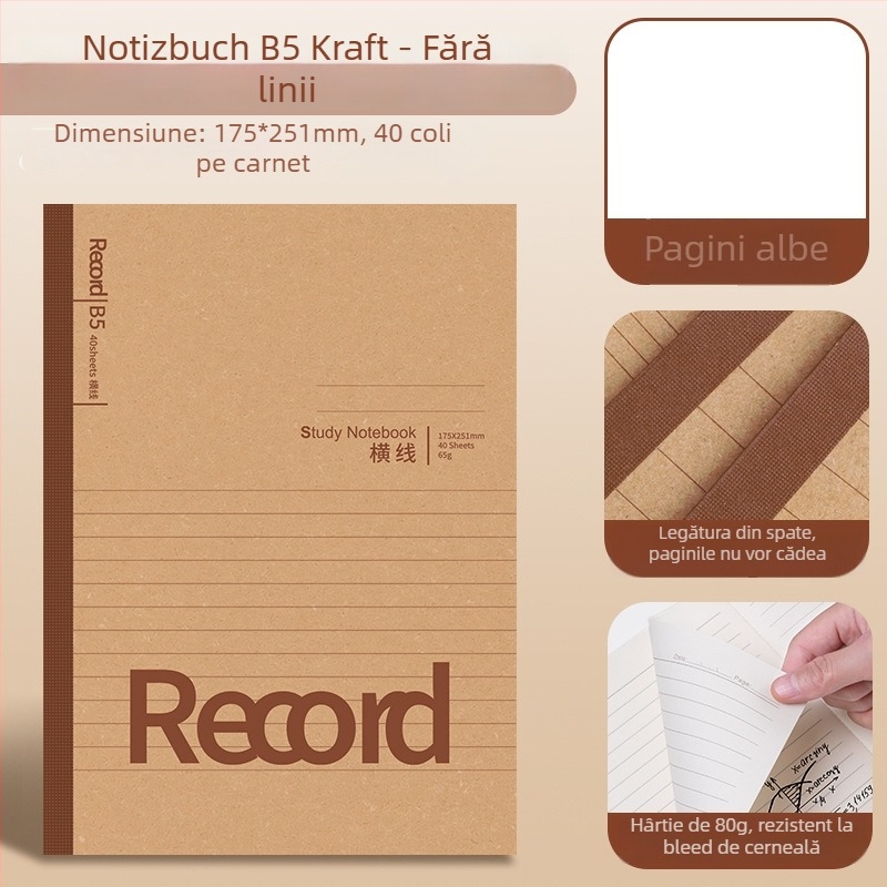 Caiet cu copertă din hârtie Kraft, legătură cu adeziv, hârtie interioară woodfree, 1–50 pagini