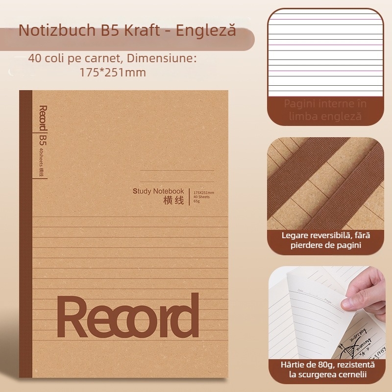 Caiet cu copertă din hârtie Kraft, legătură cu adeziv, hârtie interioară woodfree, 1–50 pagini