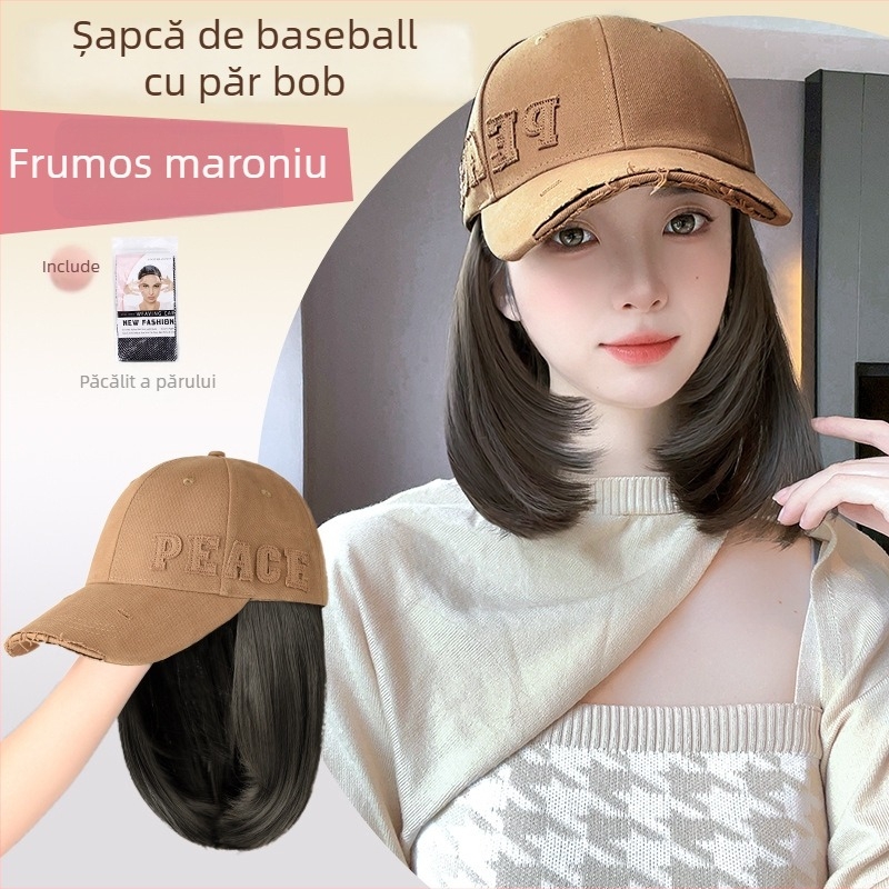 Perucă integrată într-o șapcă pentru femei, păr lung drept, fibre rezistente la temperatură, breton: drept sau înclinat, model Peace