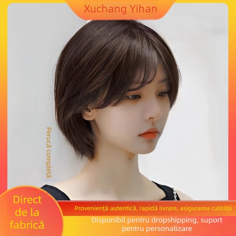 Perucă scurtă, păr drept, cu breton, stil coreean, material din fibre proteice, oferă volum, acoperire a firelor albe
