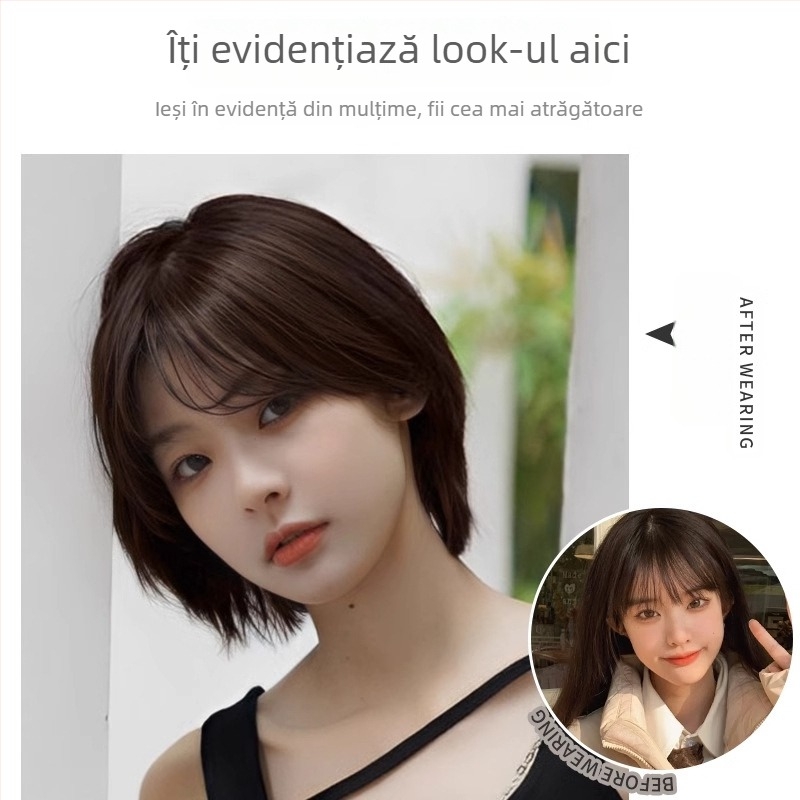 Perucă scurtă, păr drept, cu breton, stil coreean, material din fibre proteice, oferă volum, acoperire a firelor albe