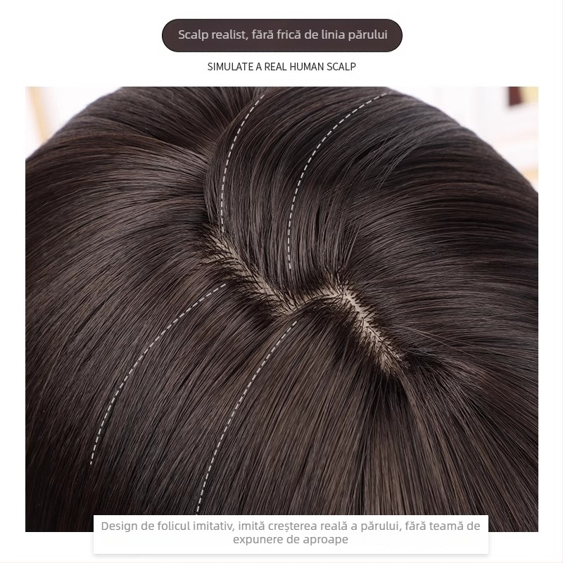 Perucă scurtă, păr drept, cu breton, stil coreean, material din fibre proteice, oferă volum, acoperire a firelor albe