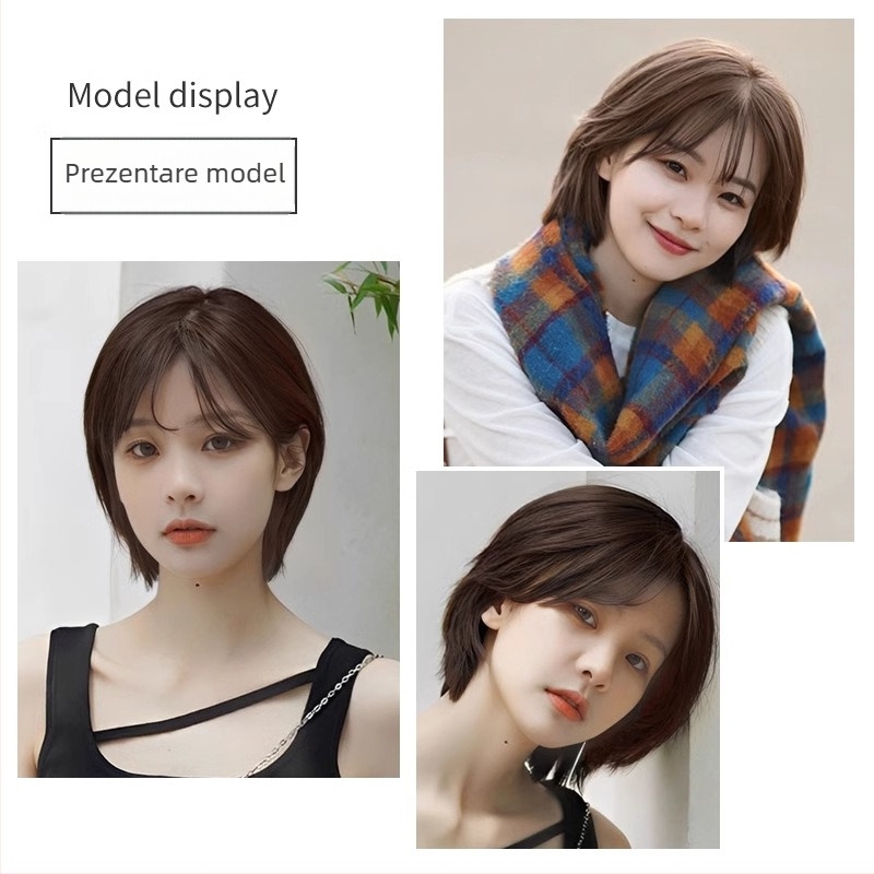 Perucă scurtă, păr drept, cu breton, stil coreean, material din fibre proteice, oferă volum, acoperire a firelor albe
