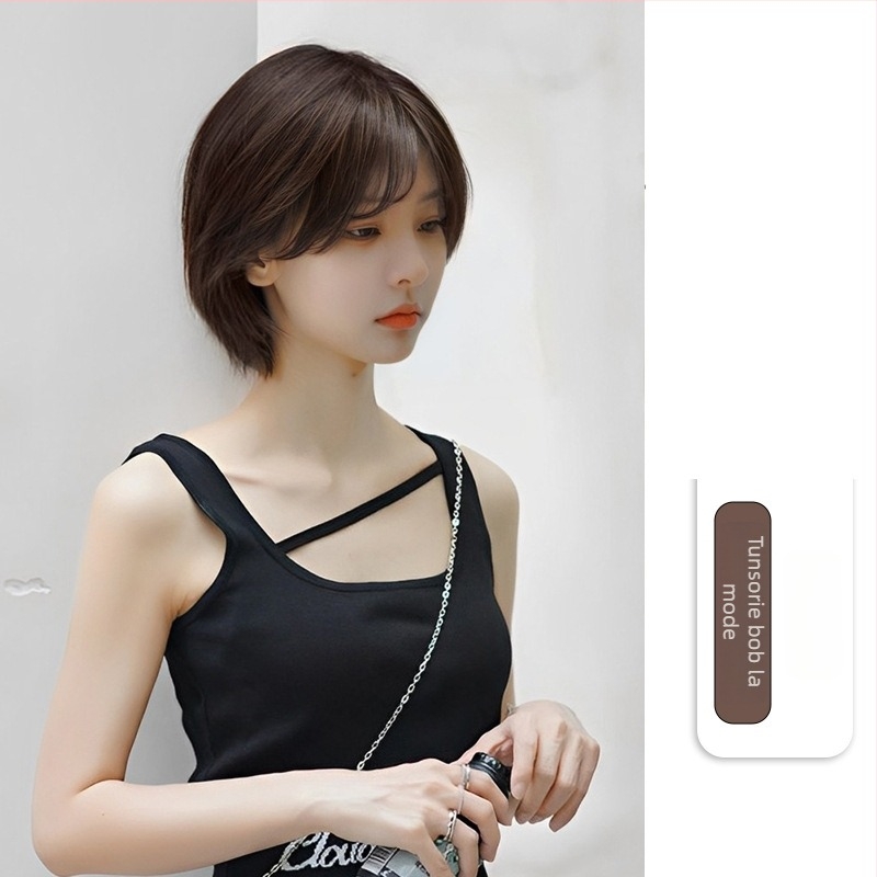 Perucă scurtă, păr drept, cu breton, stil coreean, material din fibre proteice, oferă volum, acoperire a firelor albe