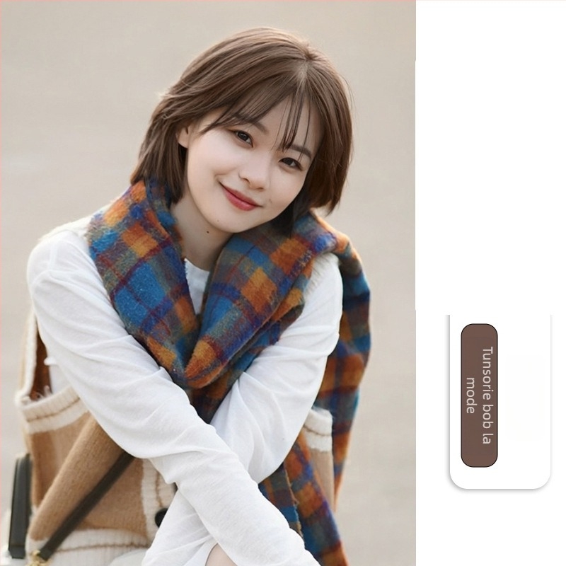 Perucă scurtă, păr drept, cu breton, stil coreean, material din fibre proteice, oferă volum, acoperire a firelor albe