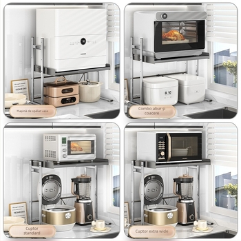 Raft dublu pentru bucătărie pe blat — suport pentru oale și condimente, material: oțel inoxidabil + oțel carbon, model CW01978, brand Home Baili, stil modern simplu