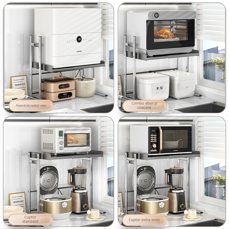 Raft dublu pentru bucătărie pe blat — suport pentru oale și condimente, material: oțel inoxidabil + oțel carbon, model CW01978, brand Home Baili, stil modern simplu