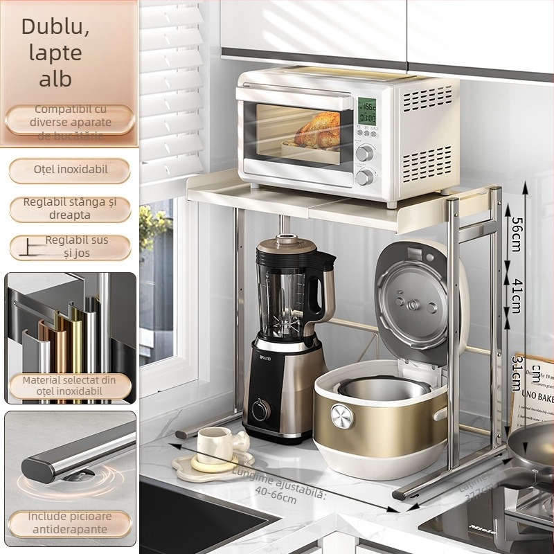 Raft dublu pentru bucătărie pe blat — suport pentru oale și condimente, material: oțel inoxidabil + oțel carbon, model CW01978, brand Home Baili, stil modern simplu