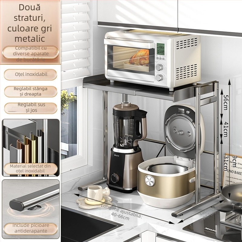 Raft dublu pentru bucătărie pe blat — suport pentru oale și condimente, material: oțel inoxidabil + oțel carbon, model CW01978, brand Home Baili, stil modern simplu