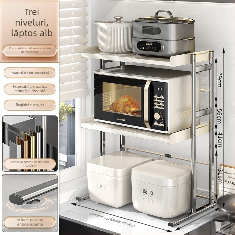 Raft dublu pentru bucătărie pe blat — suport pentru oale și condimente, material: oțel inoxidabil + oțel carbon, model CW01978, brand Home Baili, stil modern simplu