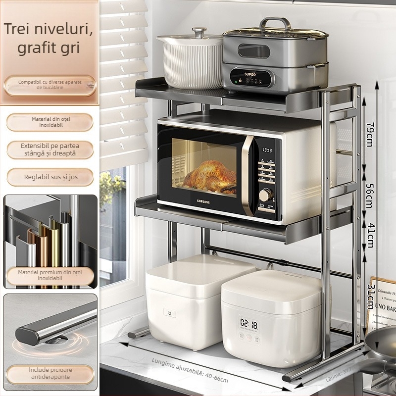 Raft dublu pentru bucătărie pe blat — suport pentru oale și condimente, material: oțel inoxidabil + oțel carbon, model CW01978, brand Home Baili, stil modern simplu