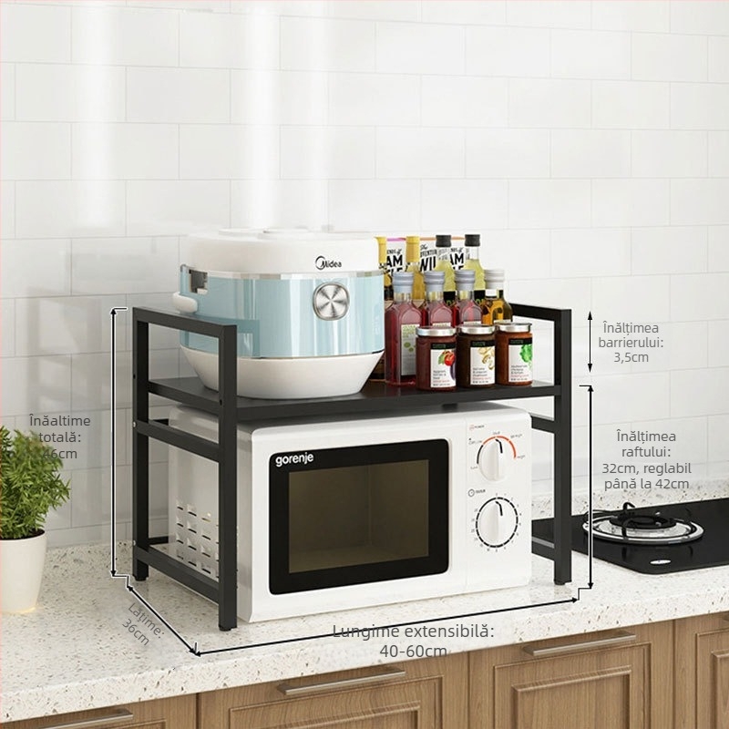 Raft de bucătărie pentru depozitare, suport telescopic pentru cuptorul cu microunde – dublu nivel, înălțime reglabilă, multifuncțional; Material: oțel carbon; Model: JNSDQ-905A; Stil: Modern Minimalist