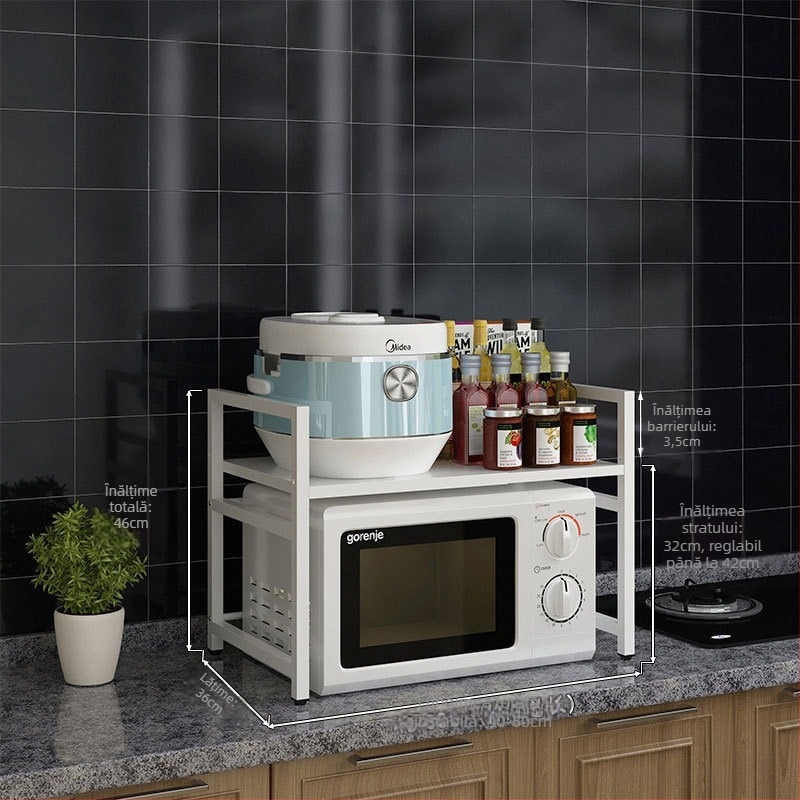 Raft de bucătărie pentru depozitare, suport telescopic pentru cuptorul cu microunde – dublu nivel, înălțime reglabilă, multifuncțional; Material: oțel carbon; Model: JNSDQ-905A; Stil: Modern Minimalist