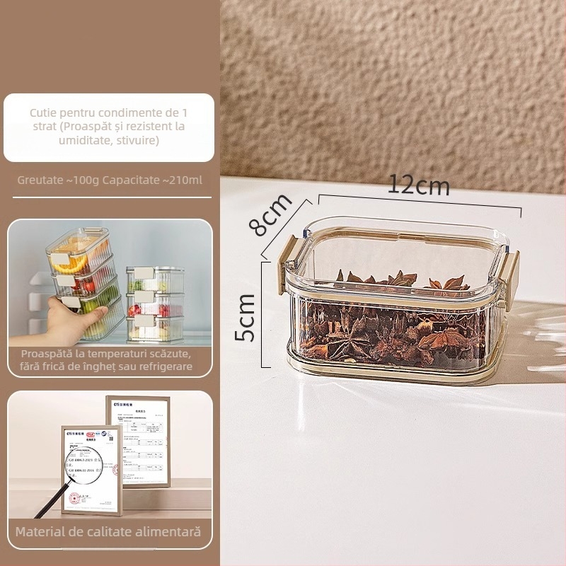 Cutie depozitare condimente, cu mai multe niveluri, pătrată, din plastic, etanșă, capacitate 1–2 L