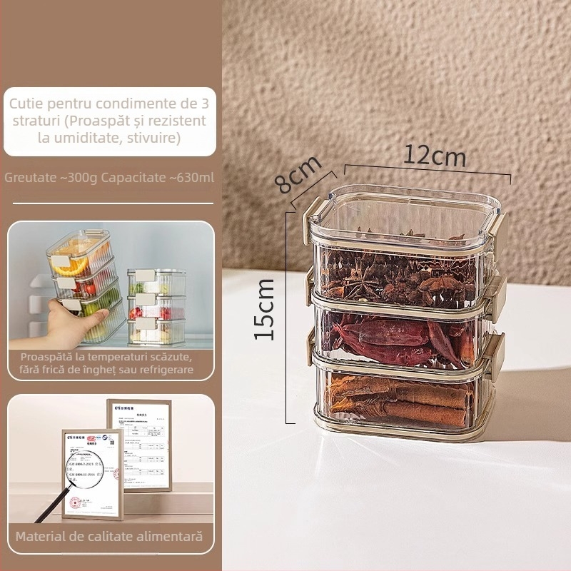 Cutie depozitare condimente, cu mai multe niveluri, pătrată, din plastic, etanșă, capacitate 1–2 L