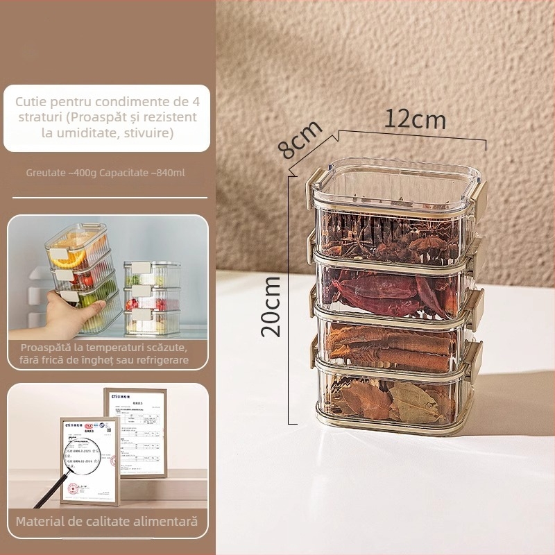 Cutie depozitare condimente, cu mai multe niveluri, pătrată, din plastic, etanșă, capacitate 1–2 L
