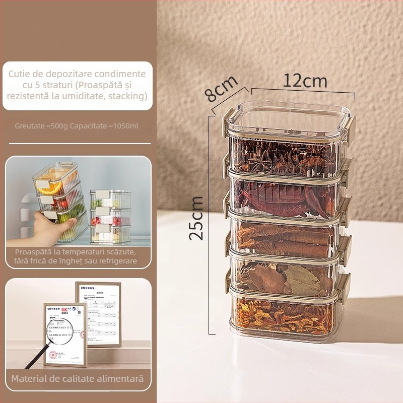 Cutie depozitare condimente, cu mai multe niveluri, pătrată, din plastic, etanșă, capacitate 1–2 L