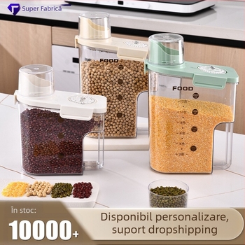 Recipient pentru depozitarea orezului, sigilat prin vid, rezistent la umezeală și insecte, material PP+PET, design modern minimalist