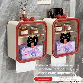 Cutie de șervețele montată pe perete, din plastic, impermeabilă, capacitate mare, model buline cu pisică
