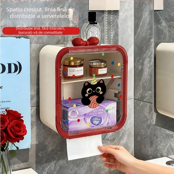 Cutie de șervețele montată pe perete, din plastic, impermeabilă, capacitate mare, model buline cu pisică