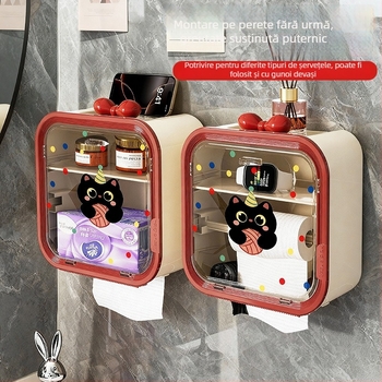 Cutie de șervețele montată pe perete, din plastic, impermeabilă, capacitate mare, model buline cu pisică