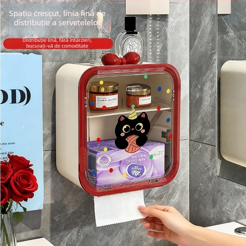 Cutie de șervețele montată pe perete, din plastic, impermeabilă, capacitate mare, model buline cu pisică