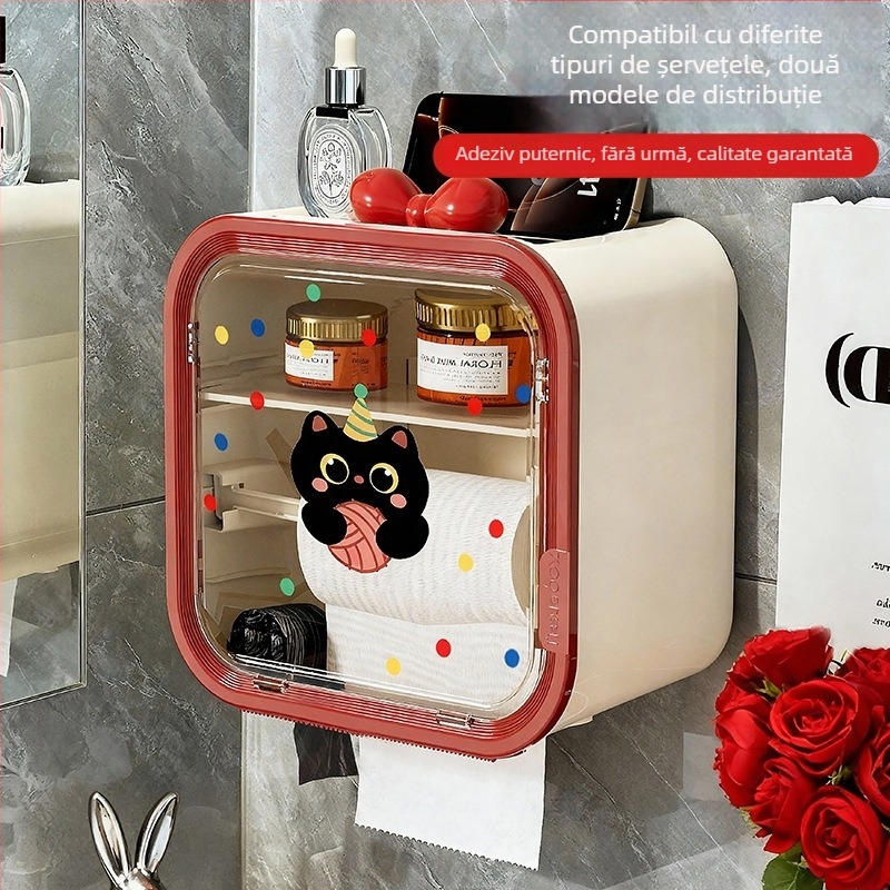 Cutie de șervețele montată pe perete, din plastic, impermeabilă, capacitate mare, model buline cu pisică