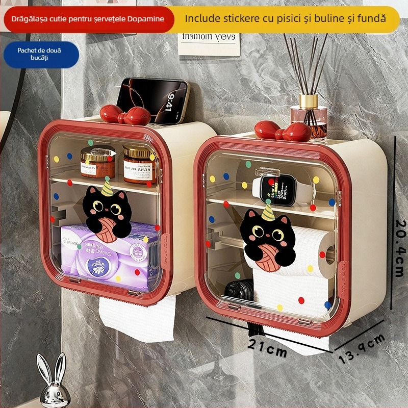 Cutie de șervețele montată pe perete, din plastic, impermeabilă, capacitate mare, model buline cu pisică