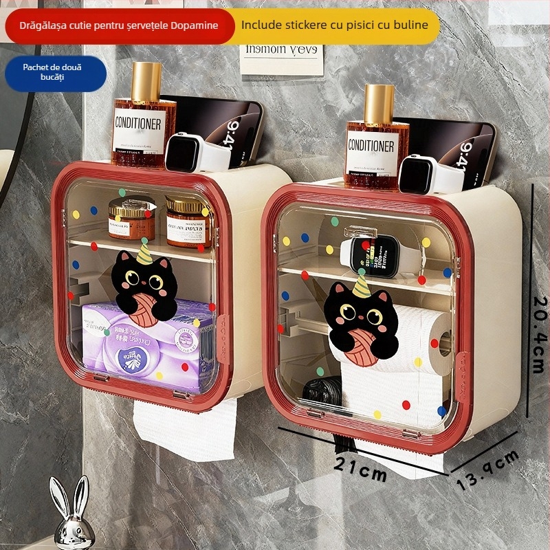 Cutie de șervețele montată pe perete, din plastic, impermeabilă, capacitate mare, model buline cu pisică
