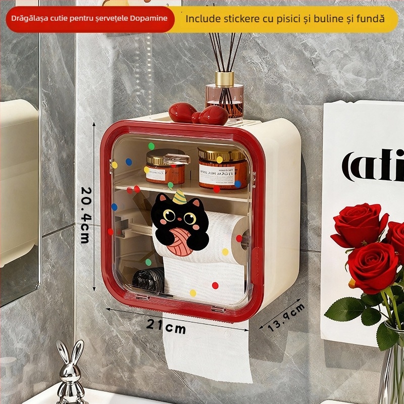 Cutie de șervețele montată pe perete, din plastic, impermeabilă, capacitate mare, model buline cu pisică