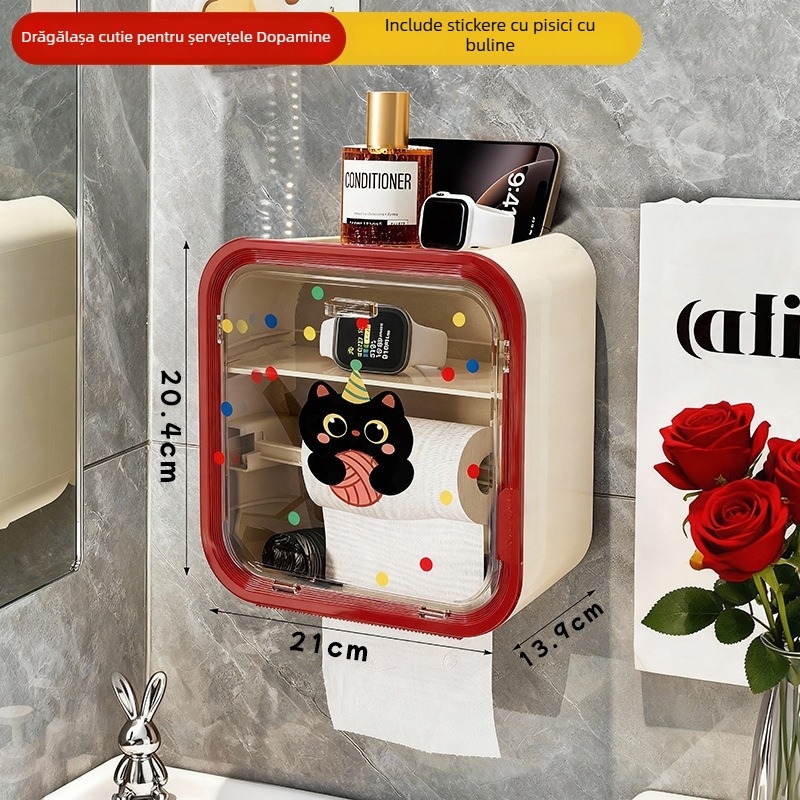 Cutie de șervețele montată pe perete, din plastic, impermeabilă, capacitate mare, model buline cu pisică