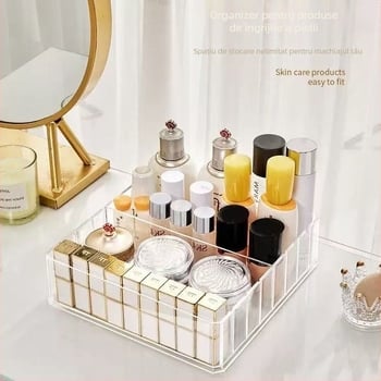 Organizator de birou pentru cosmetic, cu compartimente pentru ruj, ojă și paletă de farduri; din plastic, stil light luxury, greutate 240–800 g
