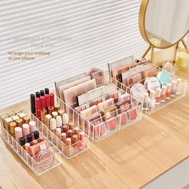 Organizator de birou pentru cosmetic, cu compartimente pentru ruj, ojă și paletă de farduri; din plastic, stil light luxury, greutate 240–800 g
