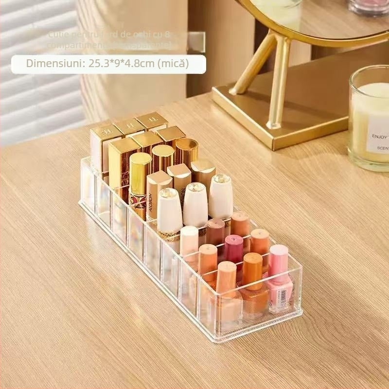 Organizator de birou pentru cosmetic, cu compartimente pentru ruj, ojă și paletă de farduri; din plastic, stil light luxury, greutate 240–800 g
