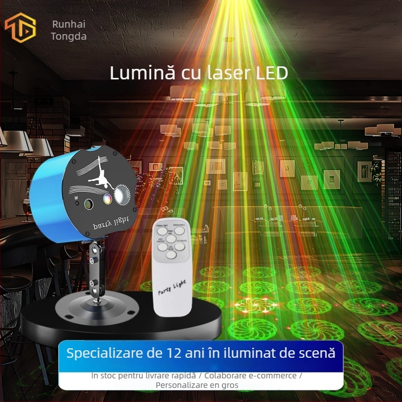 EMS-25 Lumină laser mini — sursă Laser+LED, tensiune 110-240V, protecție IP20, control vocal + telecomandă, destinat baruri și KTV