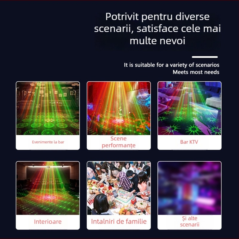 EMS-25 Lumină laser mini — sursă Laser+LED, tensiune 110-240V, protecție IP20, control vocal + telecomandă, destinat baruri și KTV