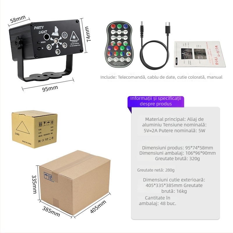 Lumină de proiecție KTV pentru atmosferă de Crăciun cu UV, laser, fascicule colorate rotative, iluminare de scenă (Model R80)