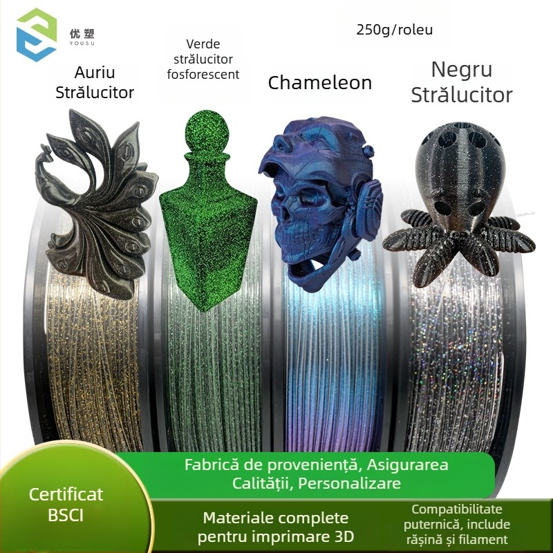 Filament PLA Core-Spun Sparkling, set 4×250 g, precizie imprimare 0,4 mm, material Shine PLA