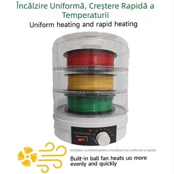 Dehidrator casnic pentru consumabile de imprimare 3D, cilindric, capacitate 5–10 kg, un singur strat, 350W, control mecanic, până la 480 de minute