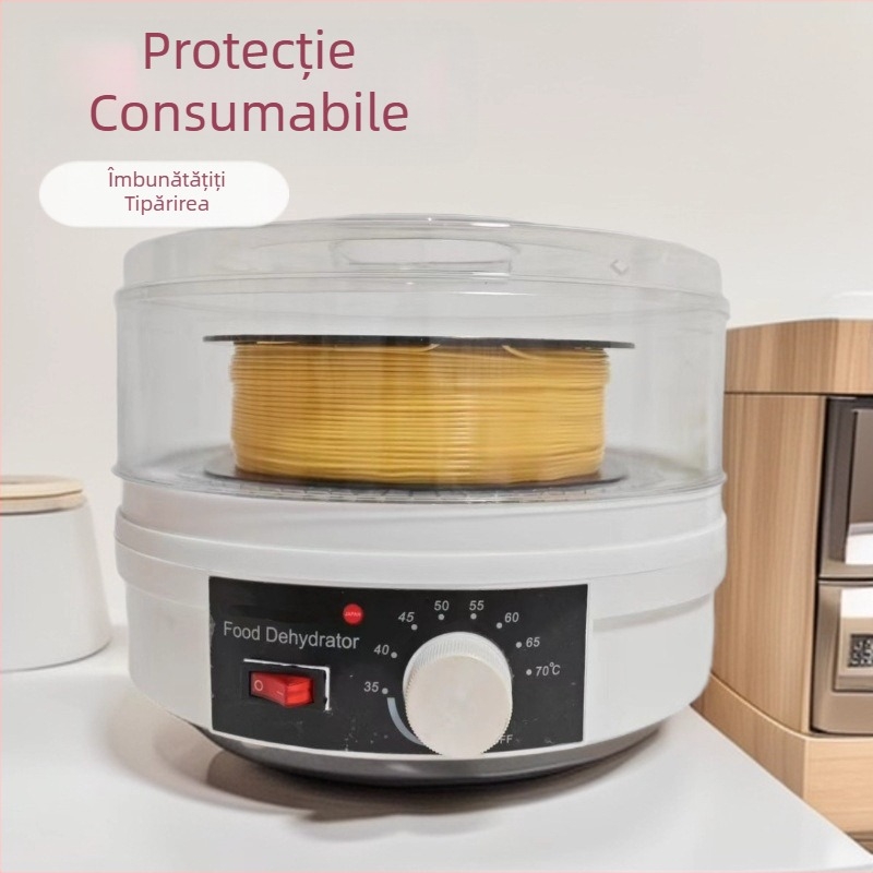 Dehidrator casnic pentru consumabile de imprimare 3D, cilindric, capacitate 5–10 kg, un singur strat, 350W, control mecanic, până la 480 de minute