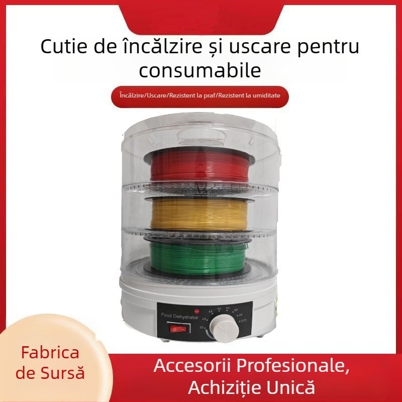 Dehidrator casnic pentru consumabile de imprimare 3D, cilindric, capacitate 5–10 kg, un singur strat, 350W, control mecanic, până la 480 de minute