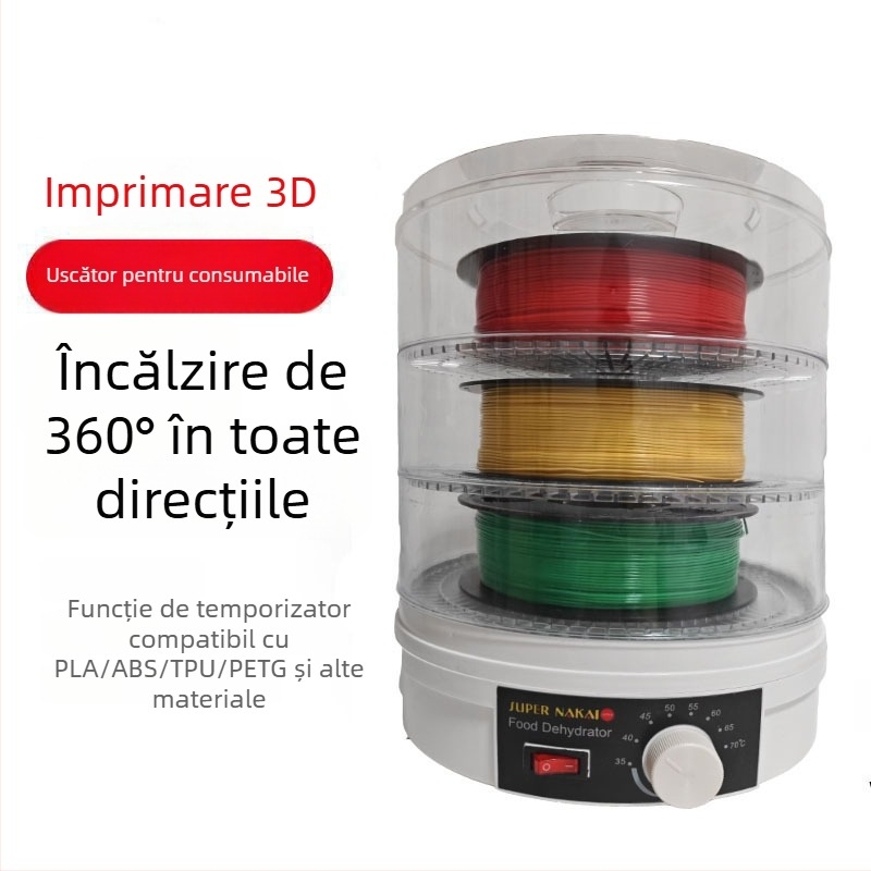 Dehidrator casnic pentru consumabile de imprimare 3D, cilindric, capacitate 5–10 kg, un singur strat, 350W, control mecanic, până la 480 de minute