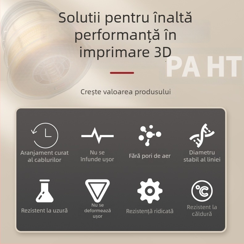 Filament PAHT-CF pentru imprimare 3D, secțiune circulară, nailon PAHT rezistent la temperaturi înalte, densitate 1.27 g/cm³