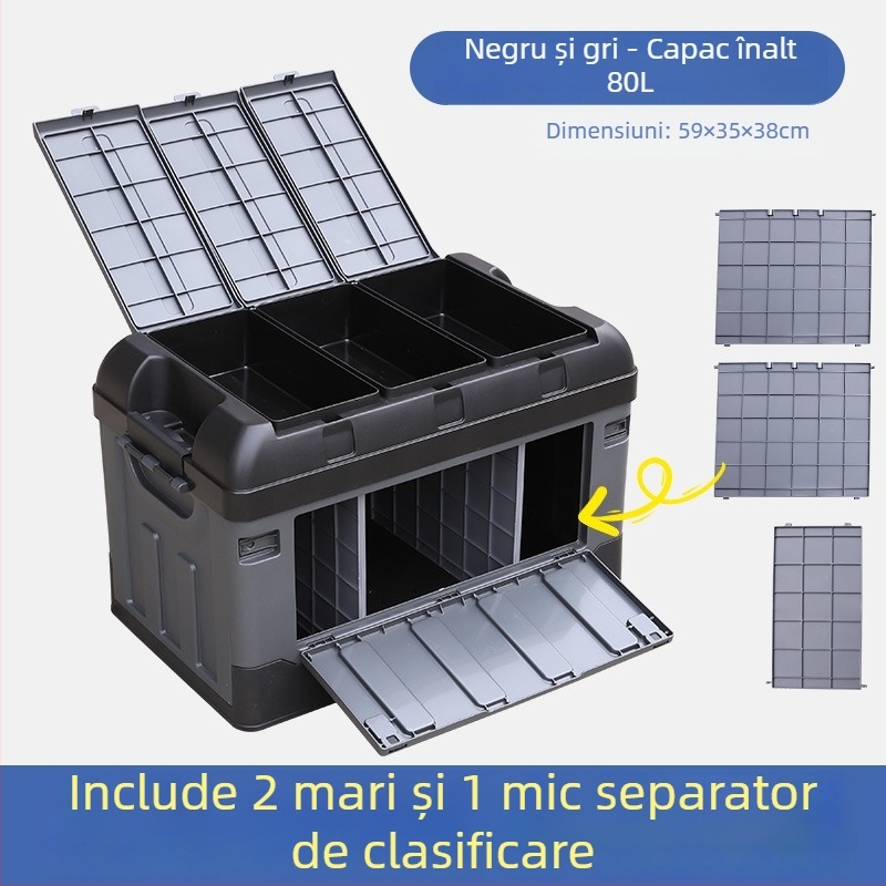 Cutie de depozitare pentru portbagaj cu separator, pliabilă, capacitate 70–80 L, plastic PP, multifuncțională