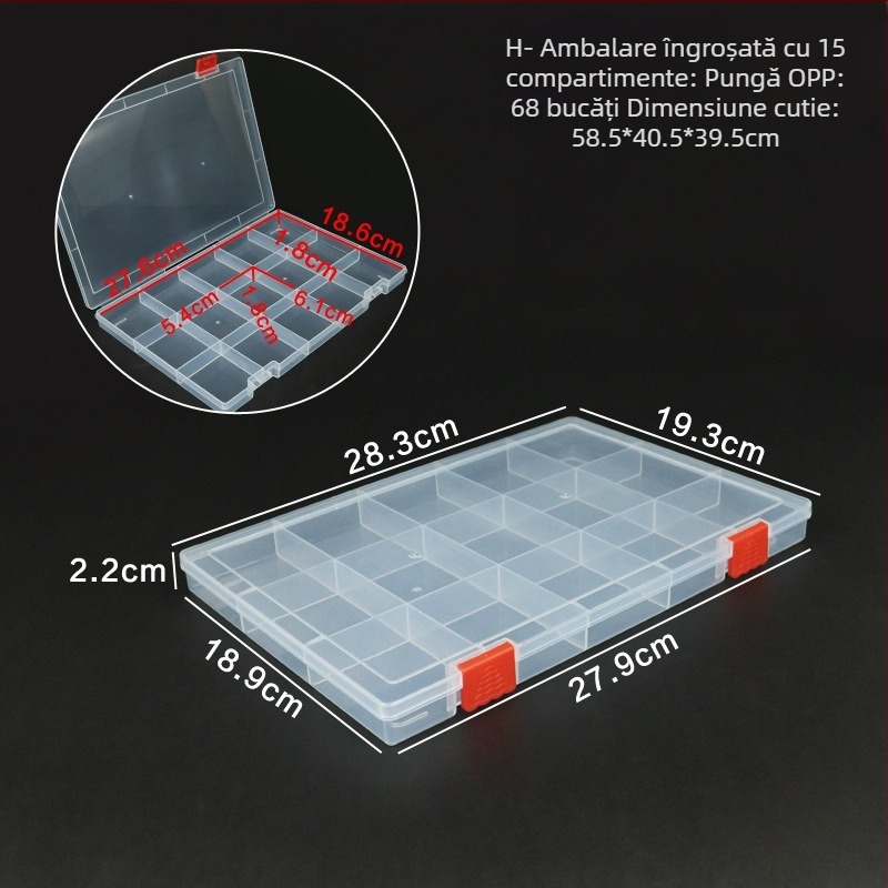 Cutie de birou din plastic PP transparentă cu separatoare, compartimente multiple, capac rabatabil