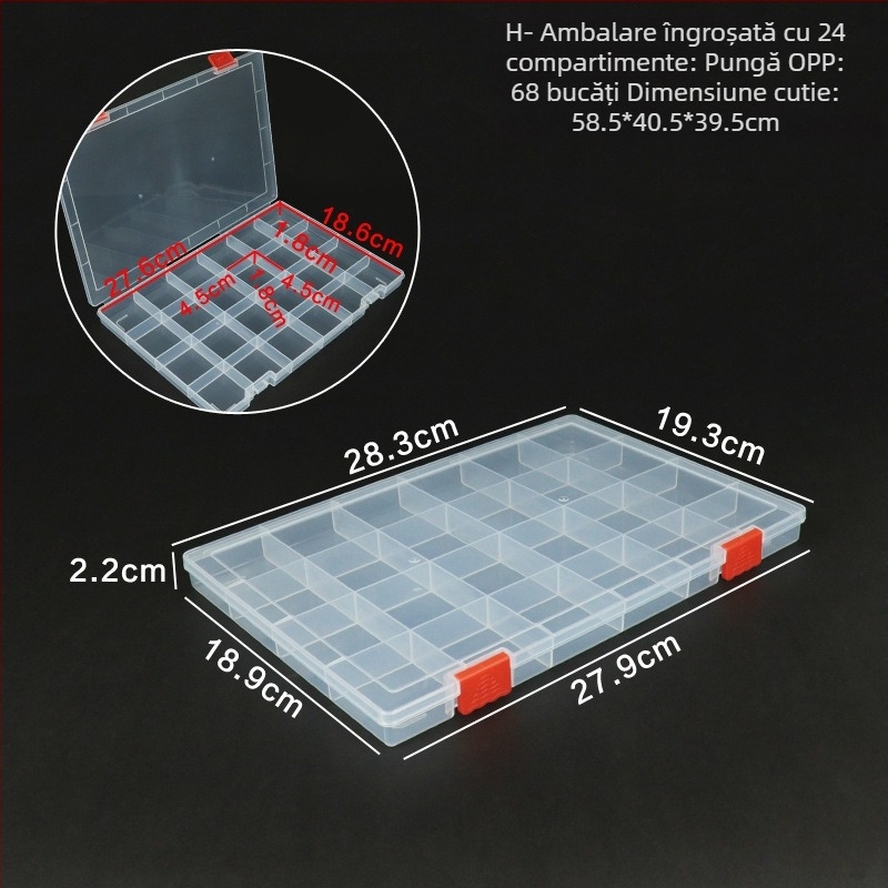 Cutie de birou din plastic PP transparentă cu separatoare, compartimente multiple, capac rabatabil