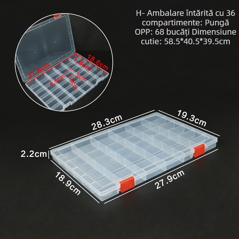 Cutie de birou din plastic PP transparentă cu separatoare, compartimente multiple, capac rabatabil