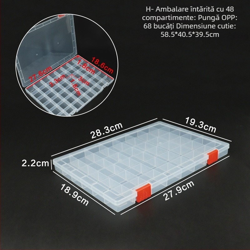 Cutie de birou din plastic PP transparentă cu separatoare, compartimente multiple, capac rabatabil