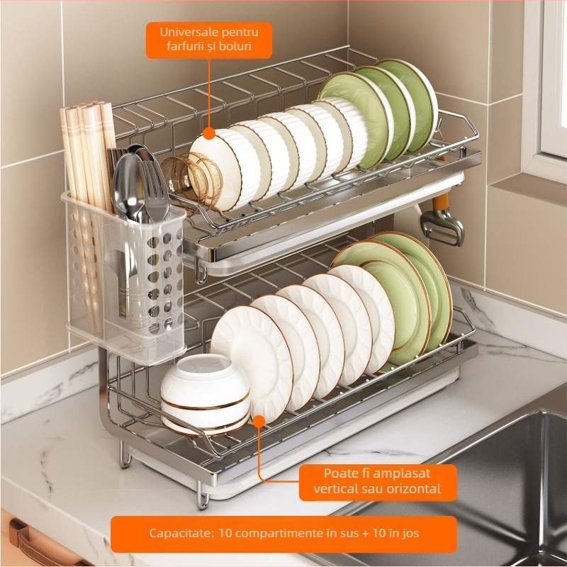 Raft de vase din oțel inoxidabil 304, pentru blat; design minimalist drept, pentru farfurii, boluri și tacâmuri; fără montaj, lansat în 2024