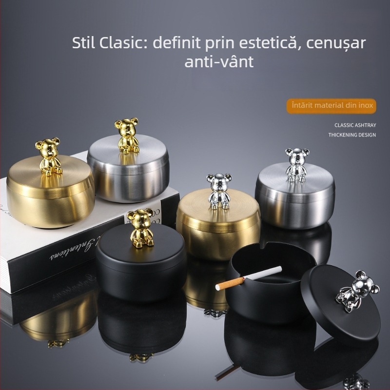 Cenușar din oțel inoxidabil cu capac, rezistent la vânt, anti-vărsare, imprimare cu logo